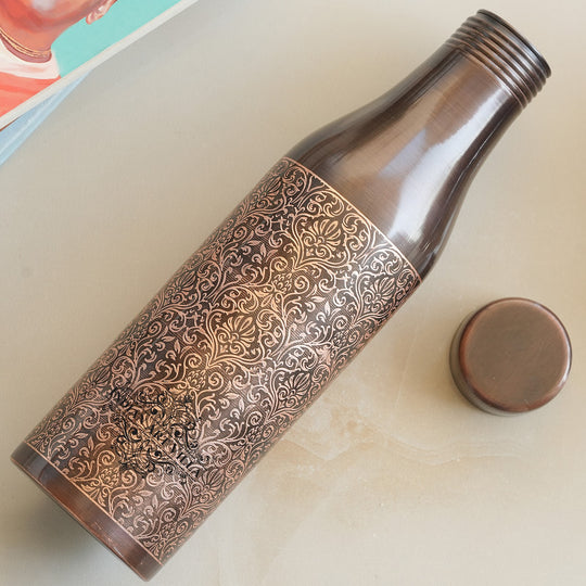 Pure Copper Bottle with Antique Dark Embossed Design, 900ml