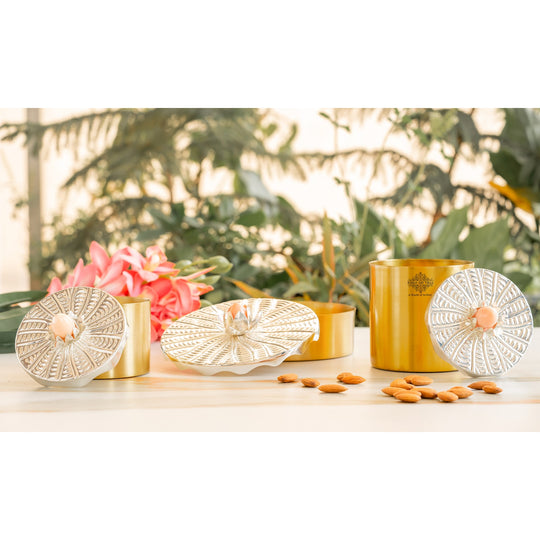 Silver-Plated Brass Decorative Multi-Purpose Gift Box, Lotus Flower Design, Elegant Silver & Gold Finish Storage Box for Dry Fruits