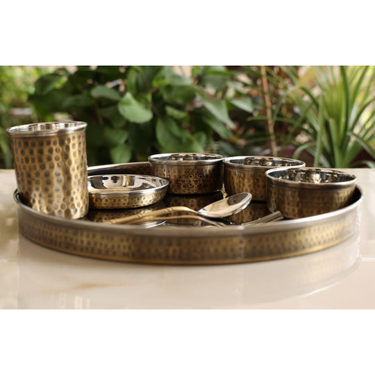 Steel Brass Hammered Thali Set – 8 Piece, 33 cm