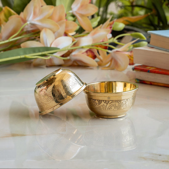 Handcrafted Pure Brass Embossed Round Shaped Bowl, Dinnerware, Serveware
