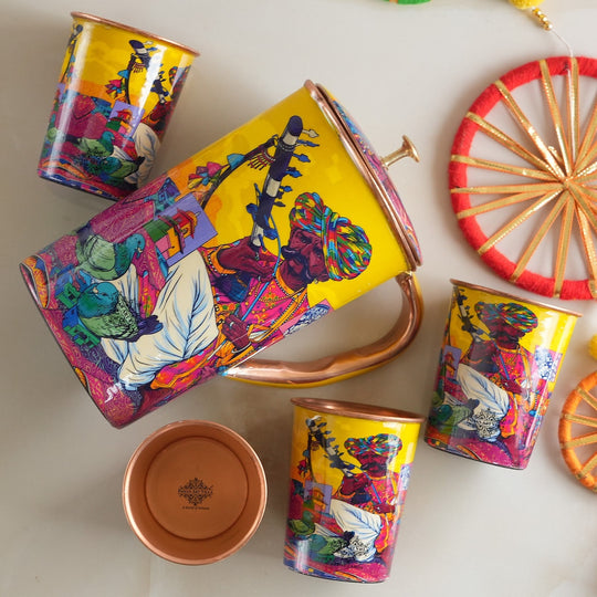 Pure Copper Printed Padharo Mhare Desh Jug & Glass Gift Set