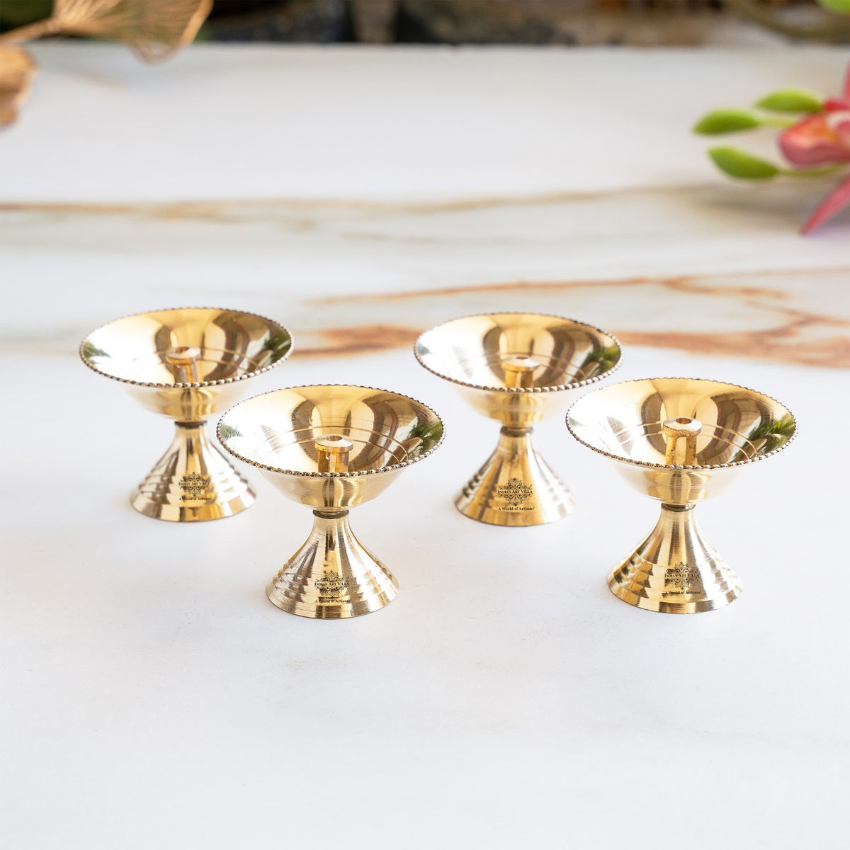 Brass Diya Set of 4 Beaded Rim Shine Finish - Puja Oil Lamp