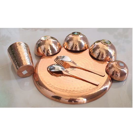 Handcrafted Pure Copper 8 Pieces Dinner Set with Hammered Design