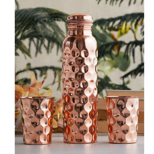 Beautifully diamond hammered copper water bottle and glass set, Indian Art Villa, with leak-proof closure