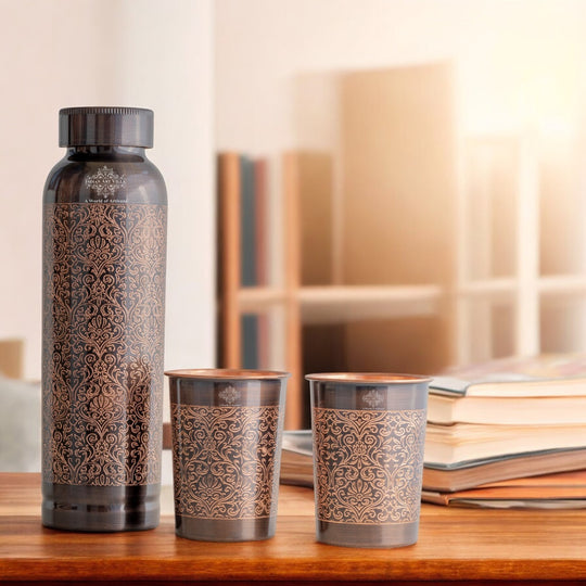 Antique Embossed Copper Bottle Gift Set – Includes 1 Copper Bottle & 2 Glasses