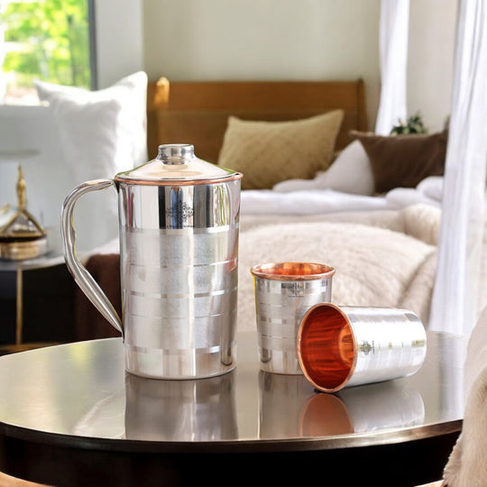Luxury Fusion Steel-Copper Jug & Tumbler Set – Handmade 3-Piece Wellness Gift for Modern Ayurvedic Living