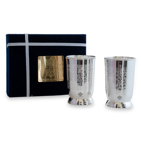 Embossed Designer Silver Plated Set of 2 Designer Glass With Blue Box