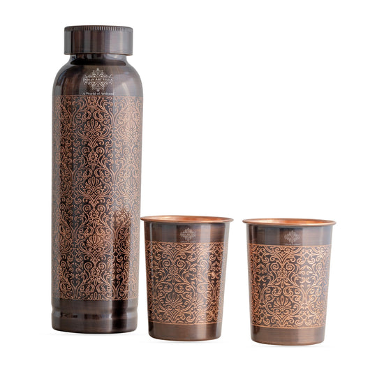 Antique Embossed Copper Bottle Gift Set – Includes 1 Copper Bottle & 2 Glasses
