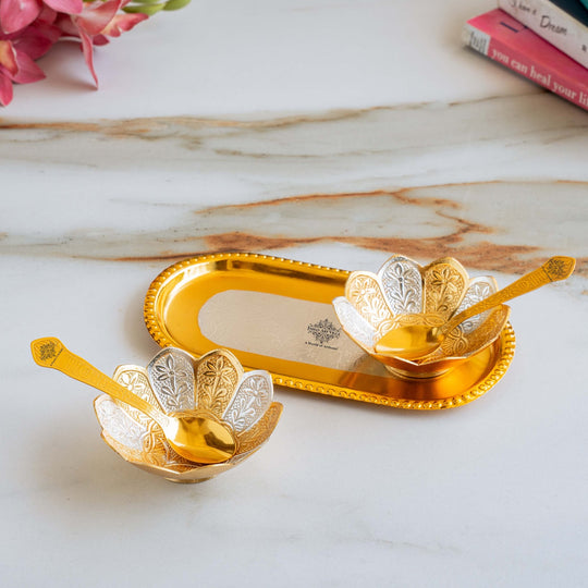Silver Plated Gold Polished Lotus Design Set of 2 Bowl with 2 Spoon & 1 Tray, Diwali Festive Gifts Item