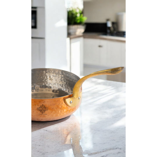Pure copper round pan with brass handle and tin lining from Indian Art Villa designed for high-performance cooking.