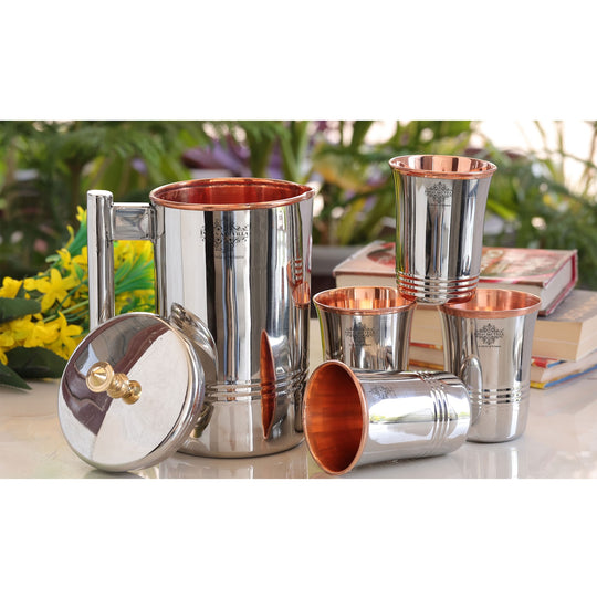 Steel Copper Drinkware Gift Set of Mirror Line Design 1 Jug & Glasses With Gift Box