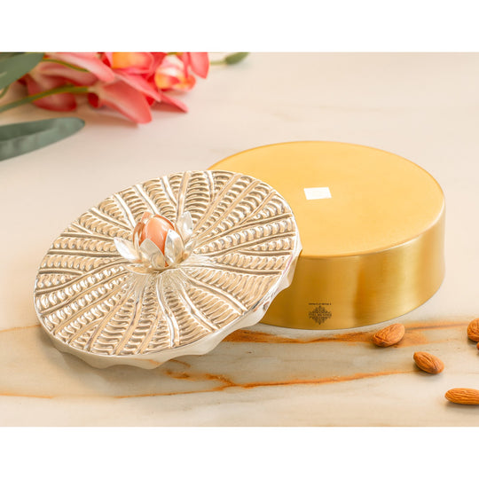 Silver-Plated Brass Decorative Multi-Purpose Gift Box, Lotus Flower Design, Elegant Silver & Gold Finish Storage Box for Dry Fruits