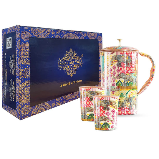 Ethnic print copper jug and 2 glass set from Indian Art Villa featuring Padharo Mhare Desh Rajasthani art