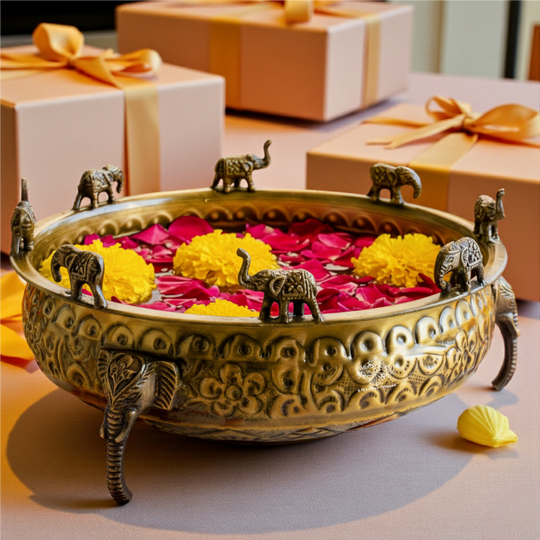 Brass Urli with Elephant Trunk Design -Antique Embossed