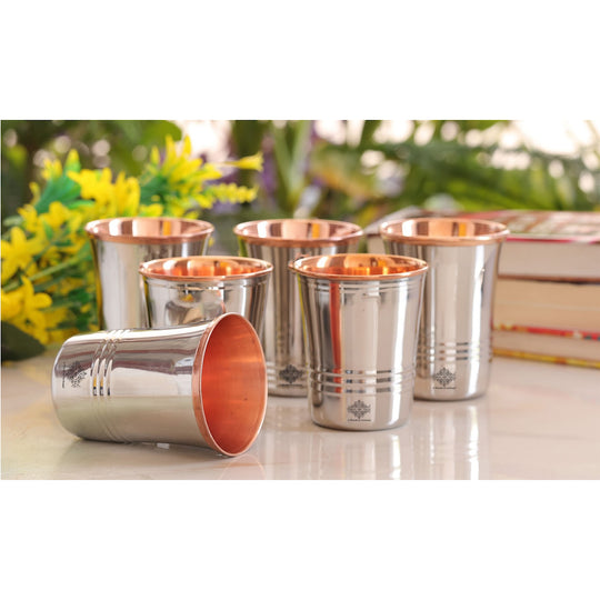 Steel Copper Drinkware Gift Set of Mirror Line Design 1 Jug & Glasses With Gift Box