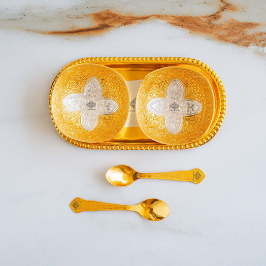 Pure Silver Gold Polished Embossed Flower Design Set of 2 Bowl with 2 Spoon & 1 Tray
