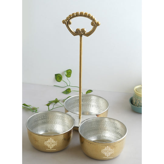 Dual serving bowl set in pure brass featuring hammered tin lining and vertical beaded handle in polished finish