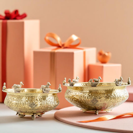 Brass Urli with Embossed Duck & Lotus Flower Design – Traditional Urli