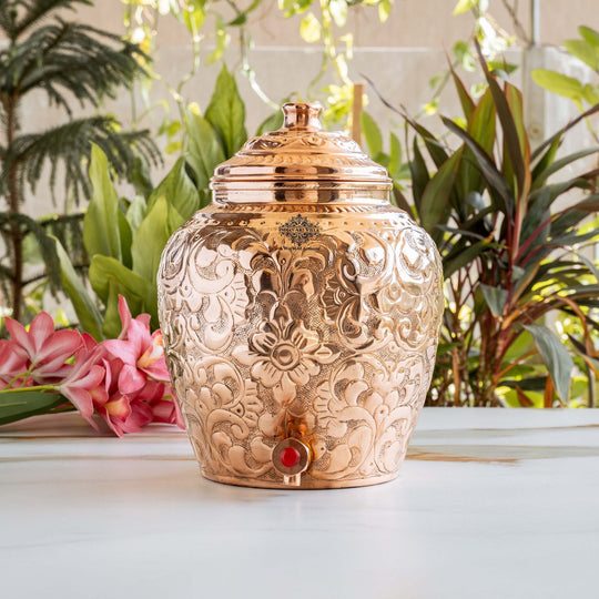 Pure Copper Water Pot, Embossed Design, Dispenser Pot Matka, Storage water, Gold