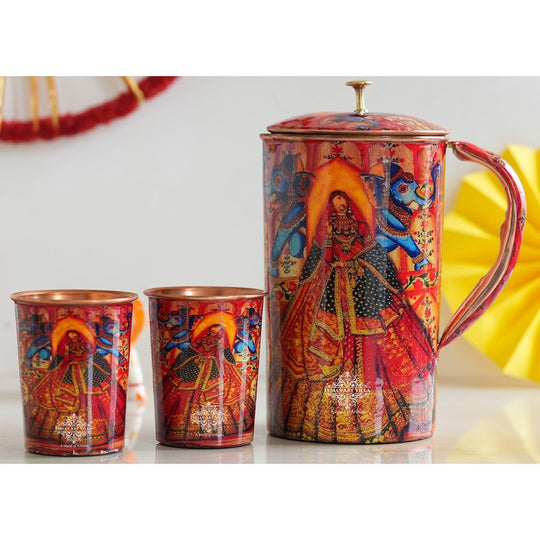 Ayurvedic Copper Jug & 2 Glass Set by Indian Art Villa, featuring Rajasthani Meena 'Padharo Mhare Desh' print, ideal for home decor.