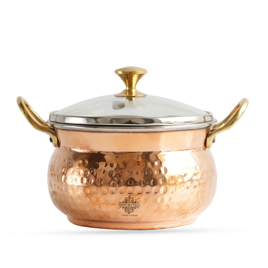 Embody tradition Indian Art Villa copper handi 950ML hammered brilliance topped by glass lid and intricate brass details