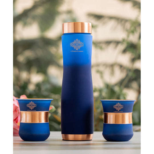 Smooth matte finish blue copper bottle set with matching glasses by Indian Art Villa for stylish hydration