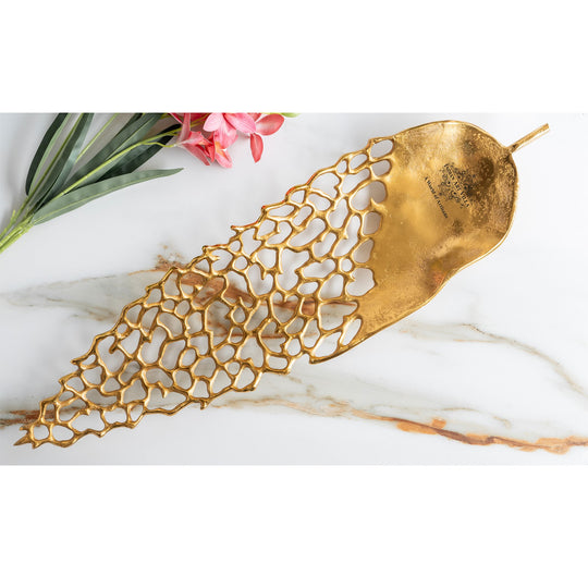 Gold Finish Antique Lacquer Matte Leaf Cutting Design Tray – 79 cm Decorative Accent, Elegant Serving Tray for Home
