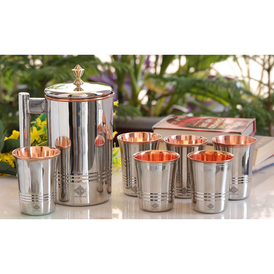 Steel Copper Drinkware Gift Set of Mirror Line Design 1 Jug & Glasses With Gift Box