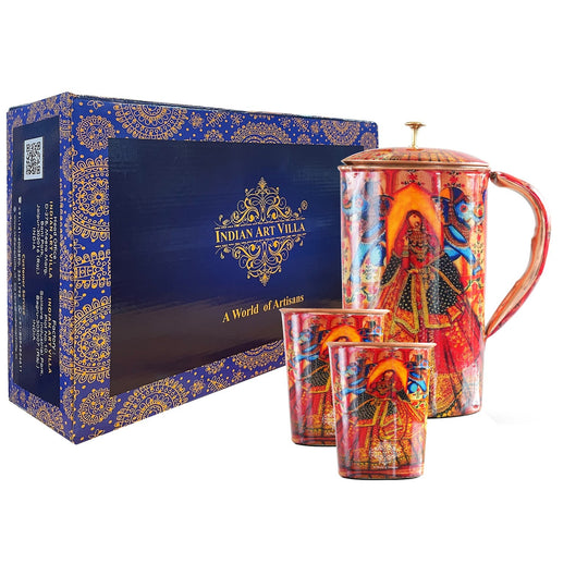Ayurvedic Copper Jug & 2 Glass Set by Indian Art Villa, featuring Rajasthani Meena 'Padharo Mhare Desh' print, ideal for home decor.