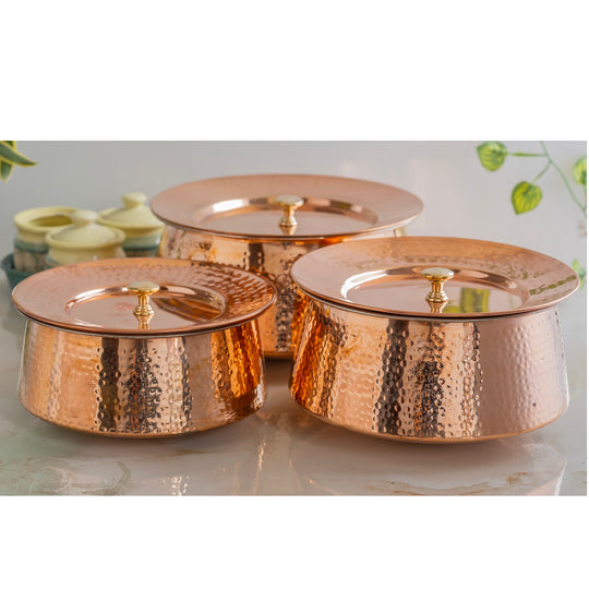 Premium Indian Art Villa hammered copper handi with lid and tin coating for vintage style cooking and table serving