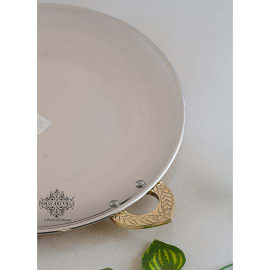 Handcrafted steel copper platter with brass handles by Indian Art Villa, perfect for gourmet servings