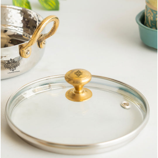 Stainless Steel Hammered Sauce Pan/Bowl with Brass Handles and Glass Lid, Ideal for Sauces, Soups, Gravies, and Cooking