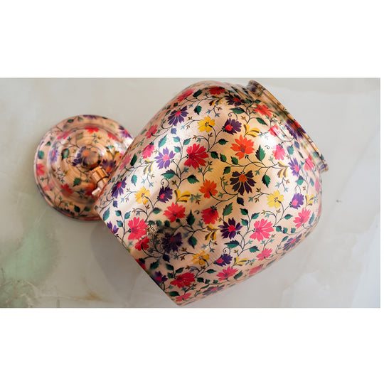 Pure Copper Water Dispenser/Matka In Multi Color Floral Print Design with Brass Tap,13 Ltr.