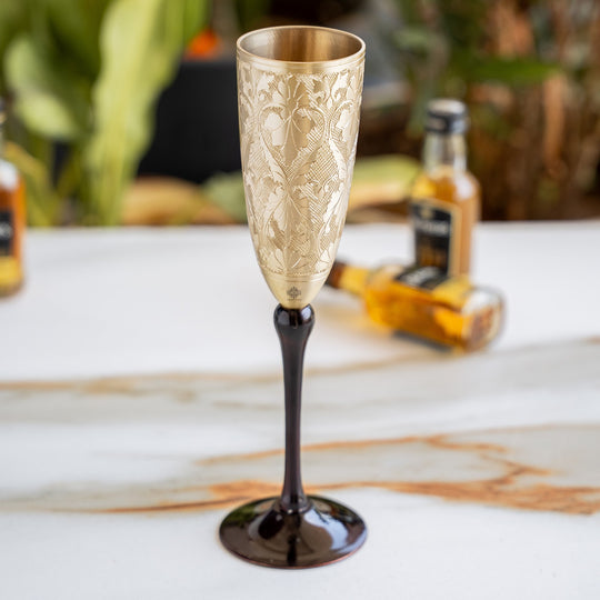 Brass Finish Embossed Design Flute Champagne Glass, Bareware, Bar Accessories & Tools For Bars, Catering Venues, Home, Office, Party, Hotels, Volume- 200 ML