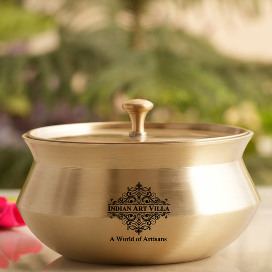Premium brass handi with lid for Indian tableware and serveware crafted in matte finish by Indian Art Villa artisans
