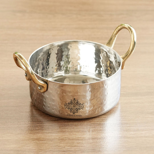 Stainless Steel Serving Bowl with Brass Handles, Hammered Design, Ideal Small Serving Bowl for Curry, Dal and Sides – Elegant Tableware for Home &amp; Restaurant Use