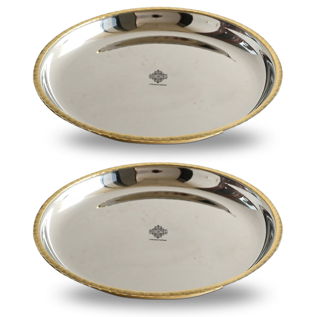 IndianArtVilla Steel Brass Quarter Serving Plate with Brass Beeding, 7.5" inch,  Servware, Tableware