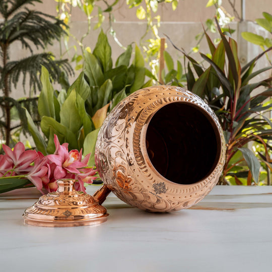 Pure Copper Water Pot, Embossed Design, Dispenser Pot Matka, Storage water, Gold