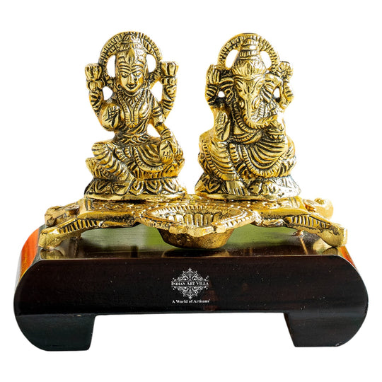 Brass Finish Ganesh Ji With  Laxmi JI Murti with Wooden Base
