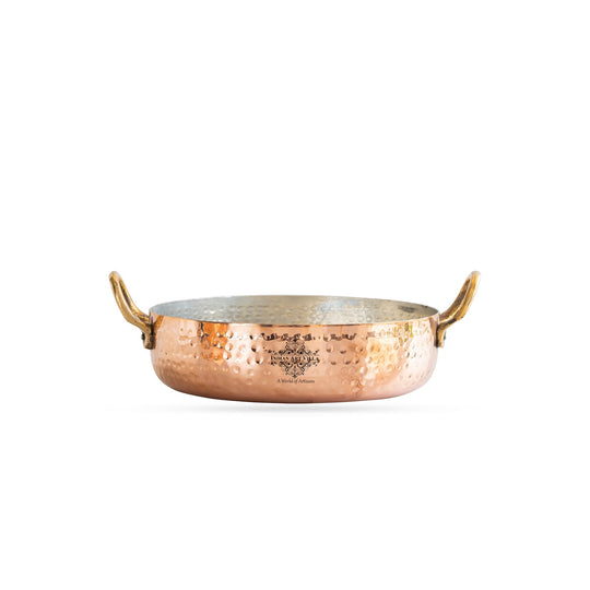 Indian Art Villa copper pan with kalai lining and brass handles, a perfect choice for both home and restaurant kitchens