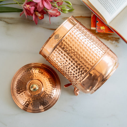 Handmade Pure Copper Hammered Water Dispenser Pot with Brass Knob