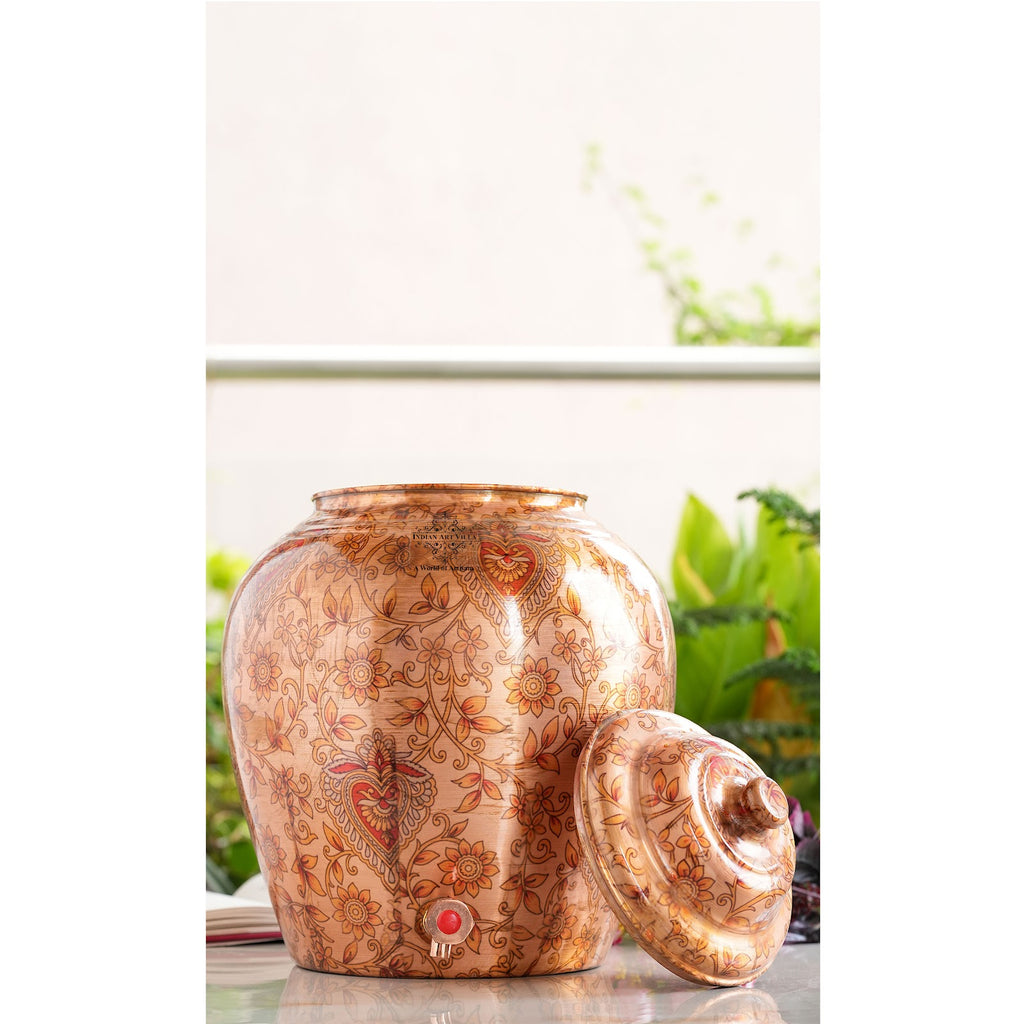 Printed Leaf Design Copper Water Dispenser Pot Matka, Storage, Home Kitchen Garden