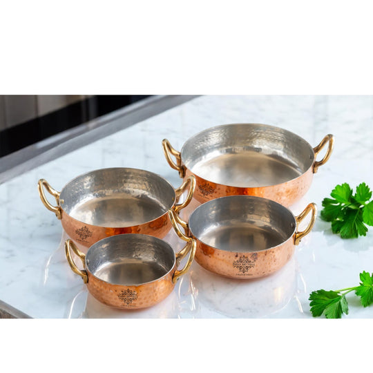 Indian Art Villa copper pan set with kalai lining, available in 300ml, 500ml, and 800ml volumes for all cooking styles