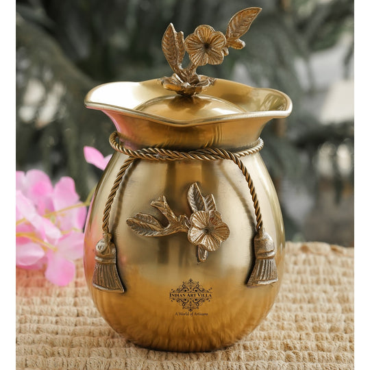 Decorative brass handi with a flower-shaped lid and sculpted rope design on the neck finished in a polished gold tone