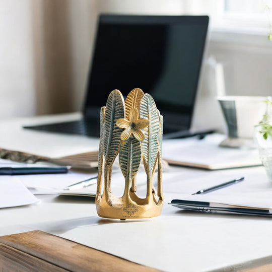 Gold Finish Green Leaf Decorative Cutlery Stand