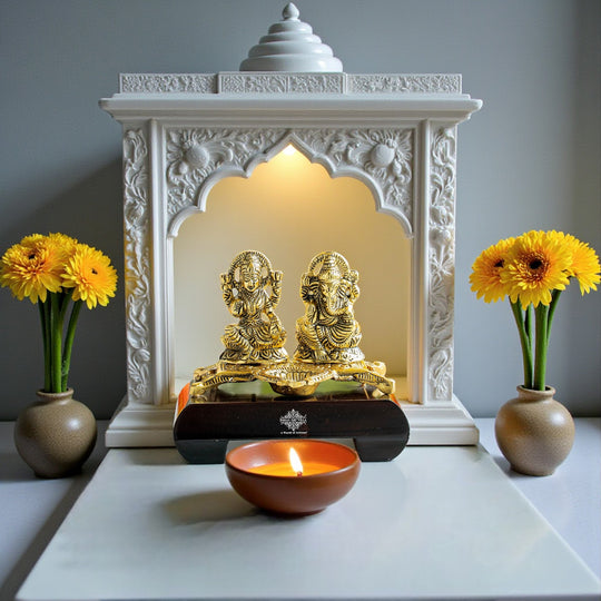 Brass Finish Ganesh Ji With  Laxmi JI Murti with Wooden Base