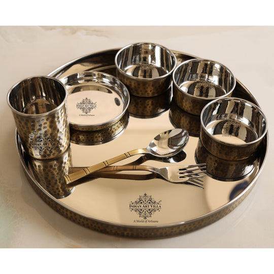 Steel Brass Hammered Thali Set – 8 Piece, 33 cm