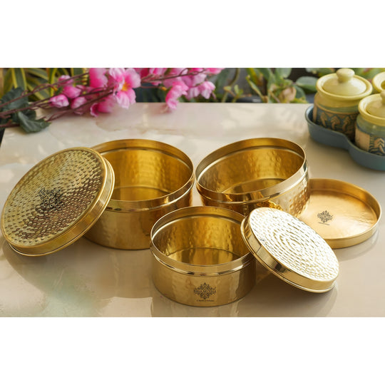 Indian Art Villa hammered brass storage box set in glossy finish with carved lids and traditional rounded design