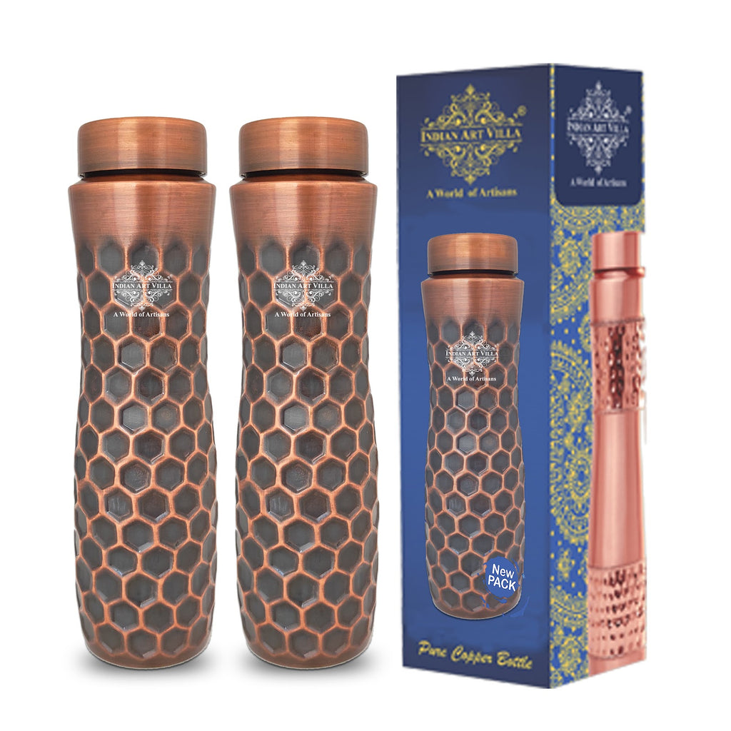 Indian Art Villa Copper Antique Dark Finish Water Bottle in Full Honeycomb Design, Volume- 1000 ML