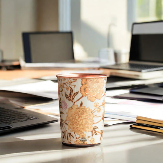 A rich gold flower design covers the tamba glass crafted by Indian Art Villa for functional elegance